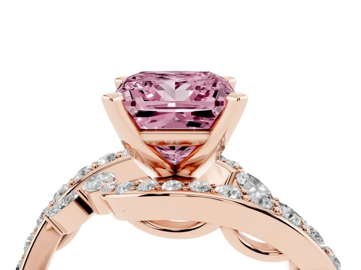 Fancy Pink Princess Cut Solitaire with Pavé Twist Band and Four-Prong Setting Rose gold