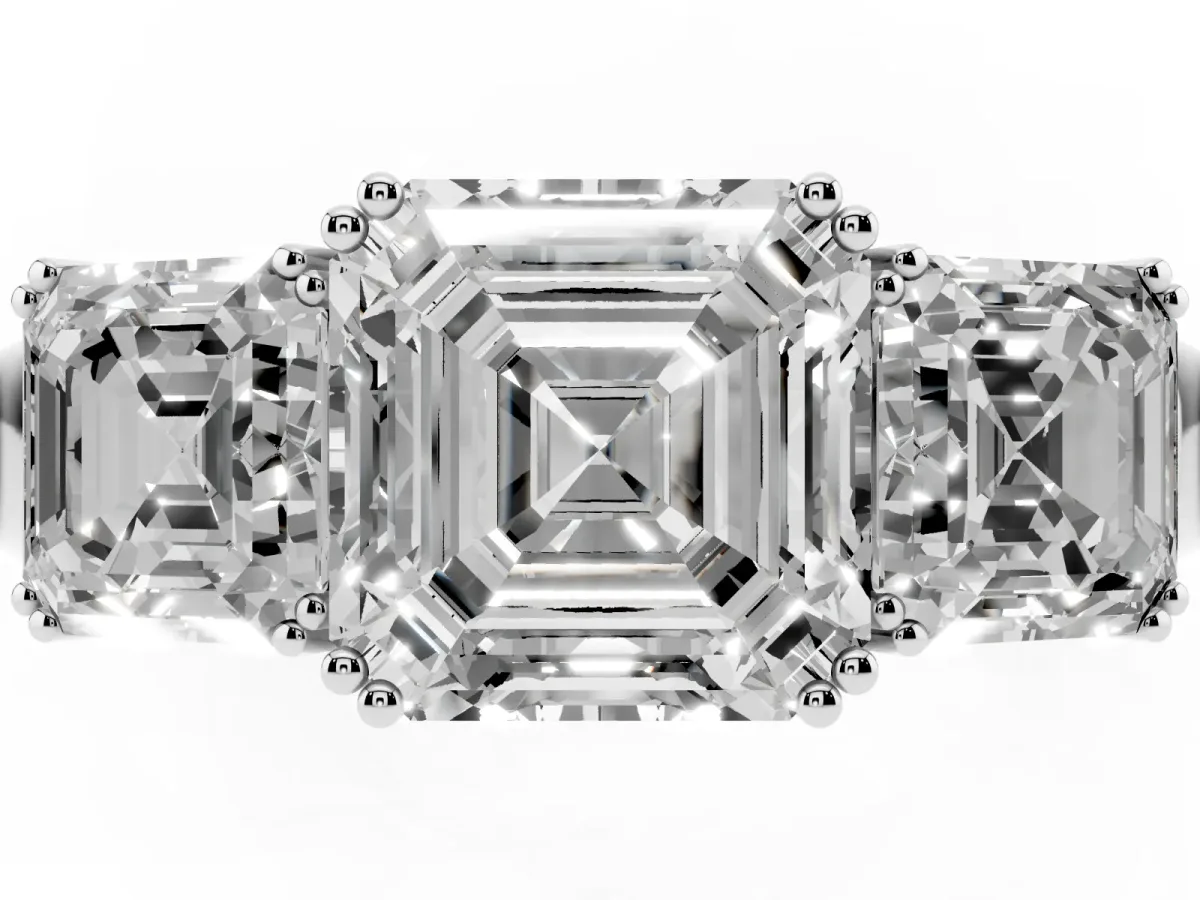 Three-Stone Asscher Cut Cut Diamond Ring with Channel Set Band and Four-Prong Setting Silver