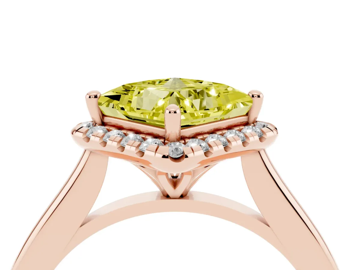 Fancy Yellow Princess Cut Halo Round Diamond Solitaire Engagement Ring with Pave Band and Four-Prong Setting Rose gold