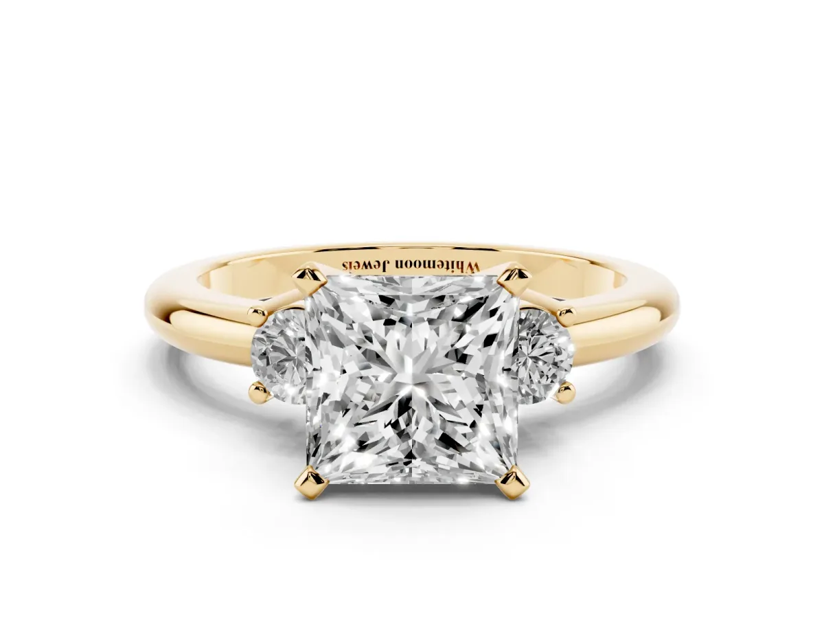 Three-Stone Princess Cut Cut Diamond Solitaire with Prong Setting and Classic Band Yellow gold