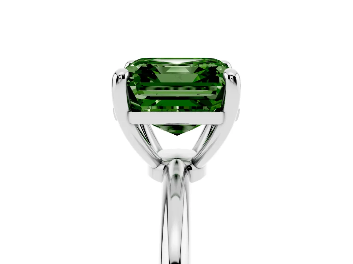 Fancy Green Asscher Cut Solitaire Diamond Ring with 4-Prong Setting on a Classic Band Silver