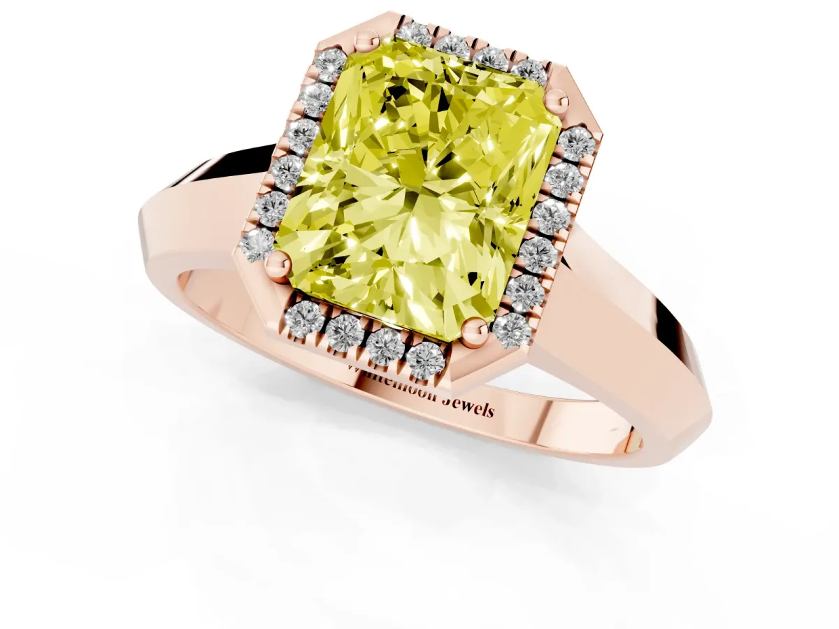 Fancy Yellow Radiant Cut Halo Diamond Ring with Cathedral Band and Four-Prong Setting Rose gold