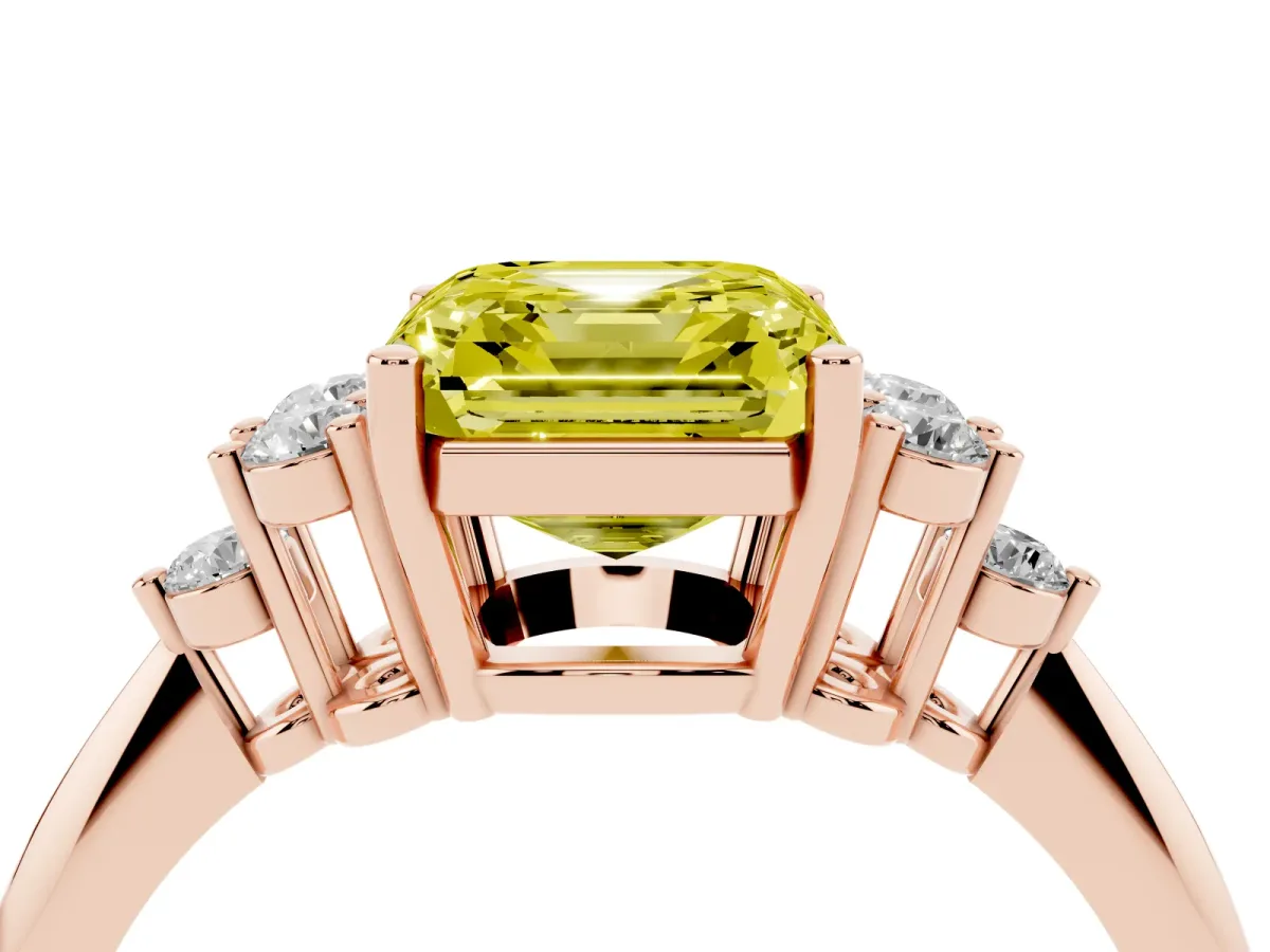 Fancy Yellow Asscher Cut Cut Diamond Cluster Ring with Solitaire Band and Four-Prong Setting Rose gold
