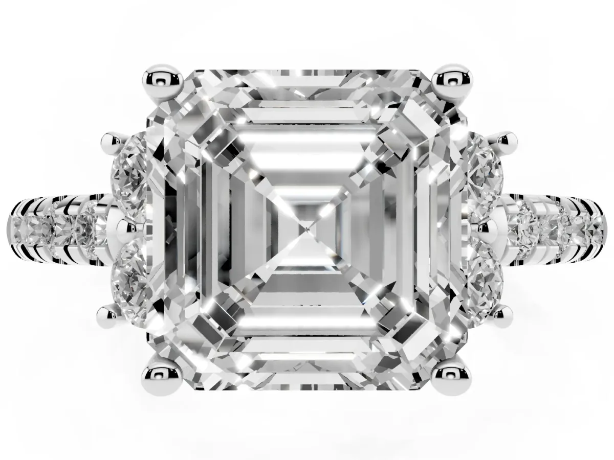 Asscher Cut Diamond Three-Stone Pave Band with Four-Prong Setting White gold
