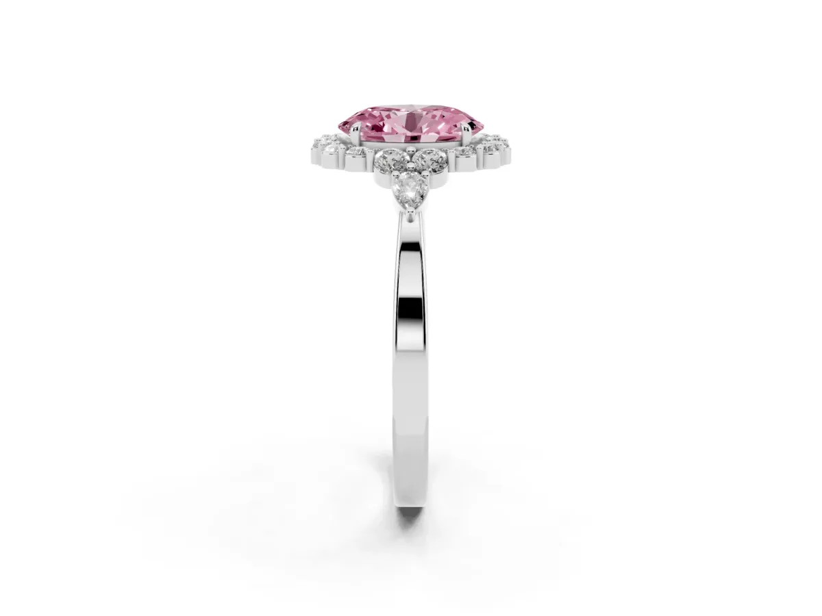 Fancy Pink Oval Cut Diamond Halo Ring with Pear Side Stones and Prong Setting Silver