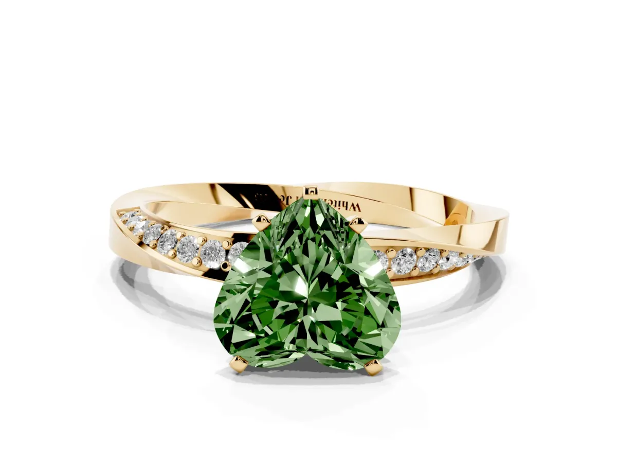 Fancy Green Heart Cut Diamond Engagement Ring with Side Stone Accents and Four-Prong Setting Yellow gold