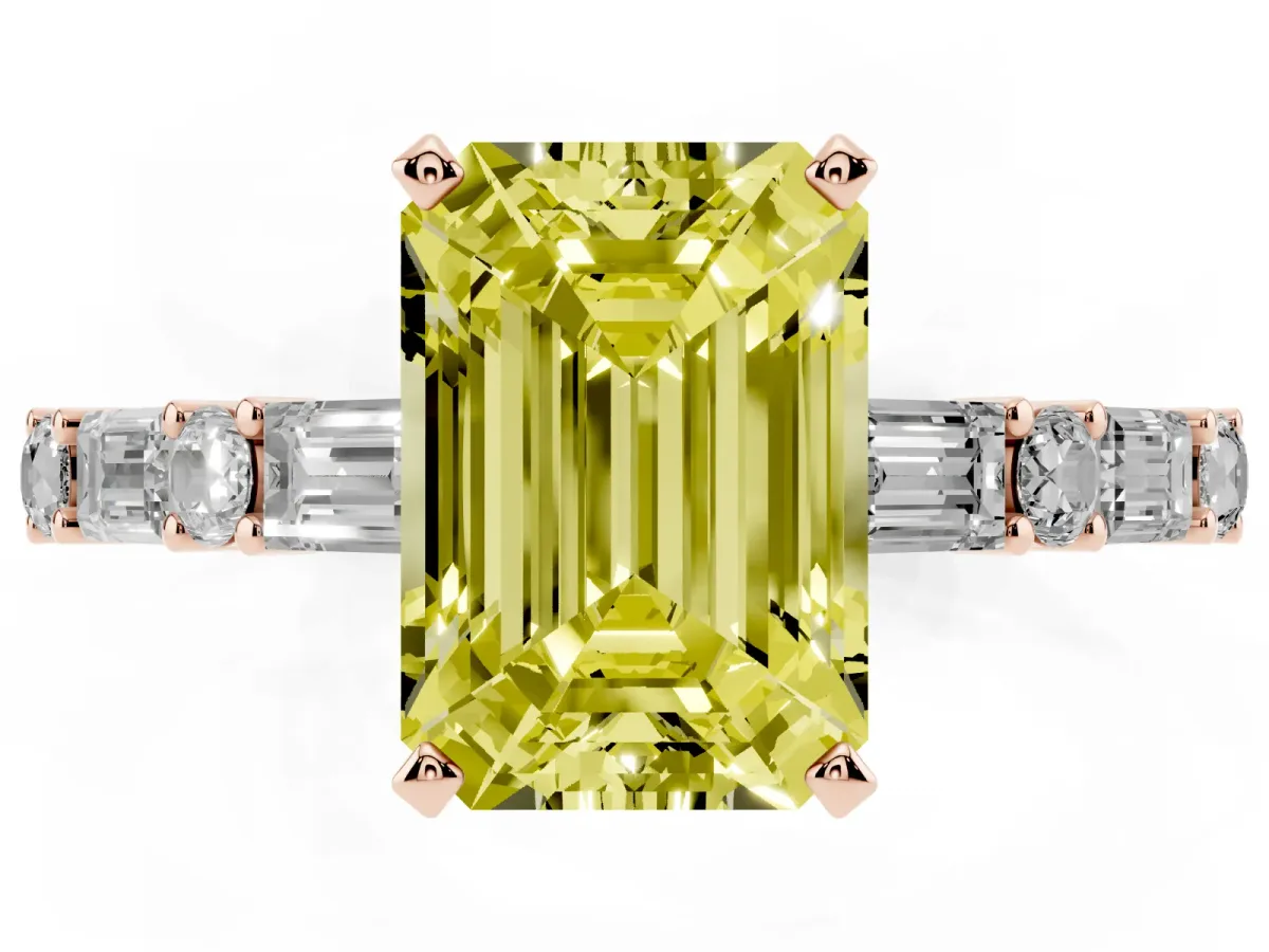 Fancy Yellow Emerald Cut Diamond Solitaire with Side Baguettes and Channel Set Band Rose gold