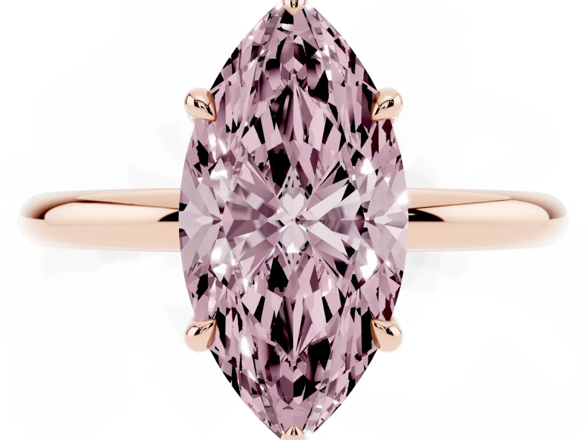 Fancy Pink Marquise Cut Diamond Solitaire Ring with Thin Band and Four-Prong Setting Rose gold