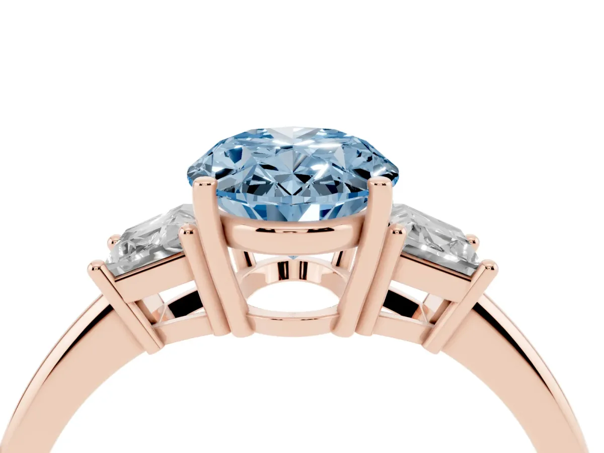 Fancy Blue Oval Cut Diamond Three-Stone Ring with Trapezoid Side Stones and Prong Setting Rose gold