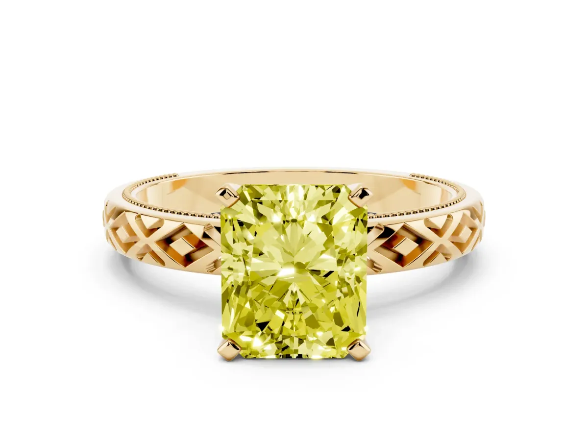 Fancy Yellow Radiant Cut Solitaire Diamond Ring with Milgrain and Black Enamel X Pattern Band Yellow gold