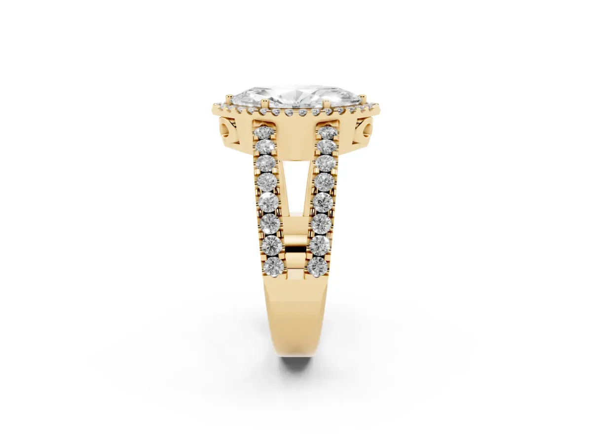 Marquise Cut Cut Halo Split Shank Diamond Ring with Four-Prong Setting Yellow gold