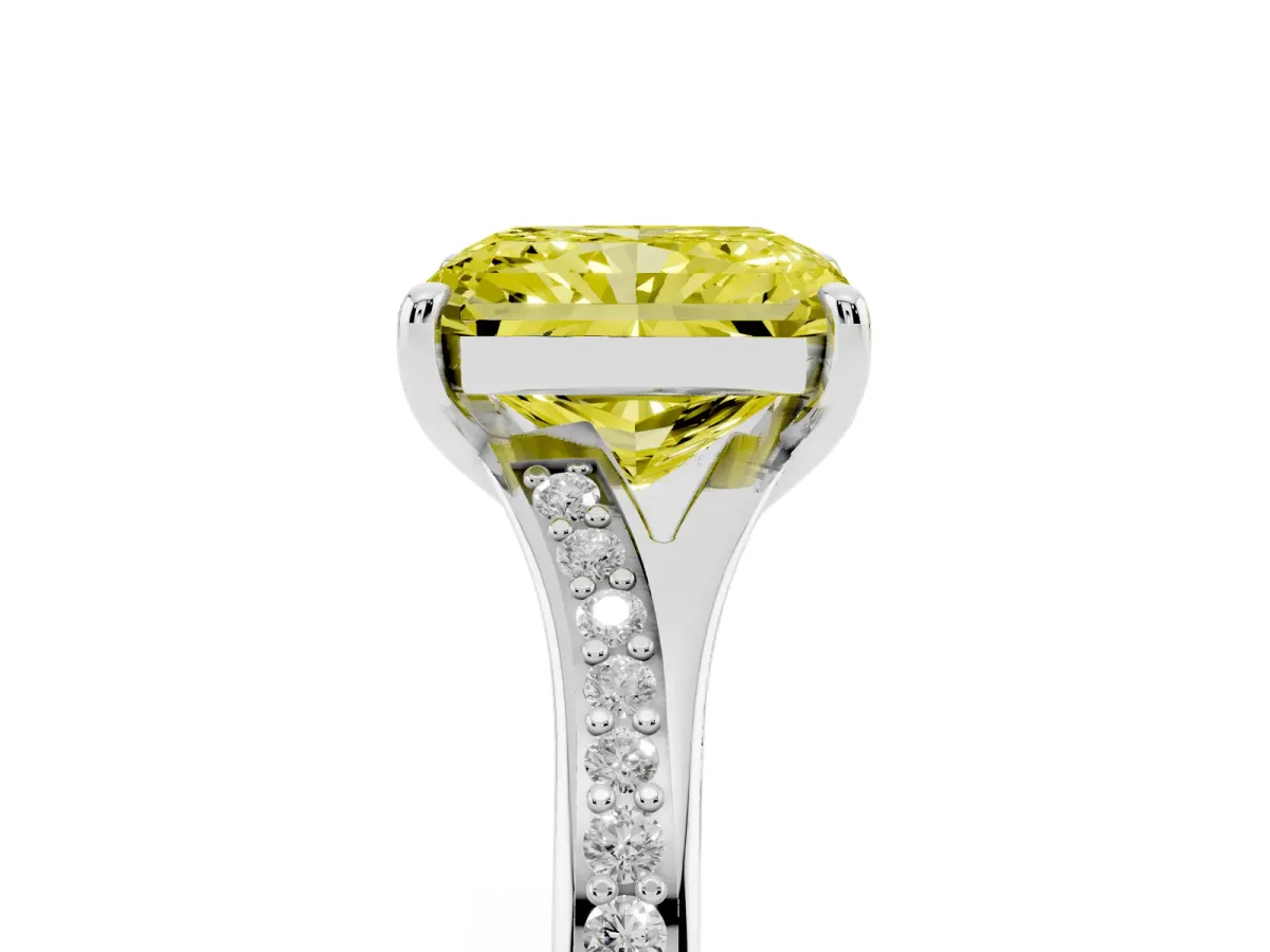 Fancy Yellow Radiant Cut Diamond Solitaire Ring with Pavé Band and Prong Setting Silver