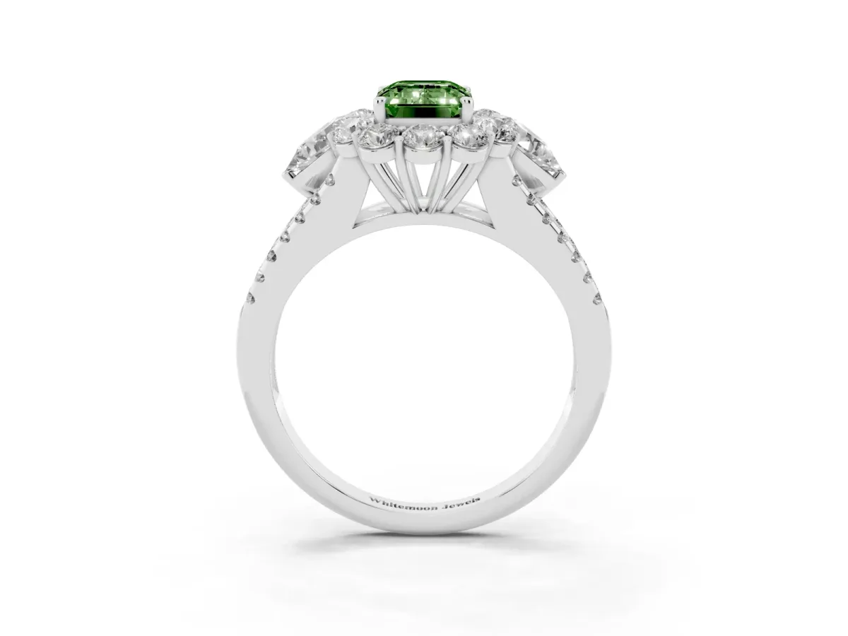 Fancy Green Emerald Cut Halo Split Shank Diamond Engagement Ring with Prong Setting White gold