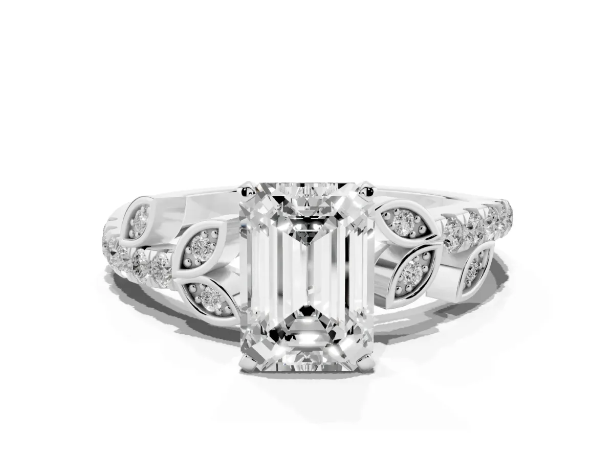 Emerald Cut Solitaire Leaf-Inspired Diamond Ring with Pavé Band and Four-Prong Setting Silver