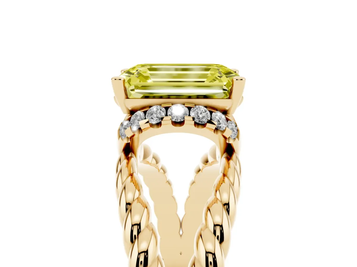 Fancy Yellow Emerald Cut Halo Twisted Band Four-Prong Ring Yellow gold