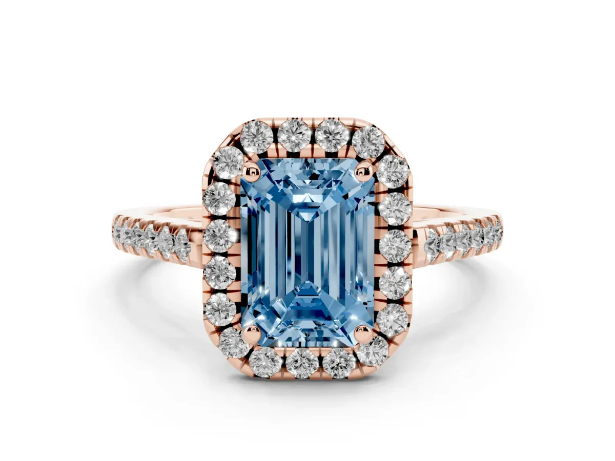 Fancy Blue Emerald Cut Halo Pavé Diamond Engagement Ring with Four-Prong Setting Rose gold