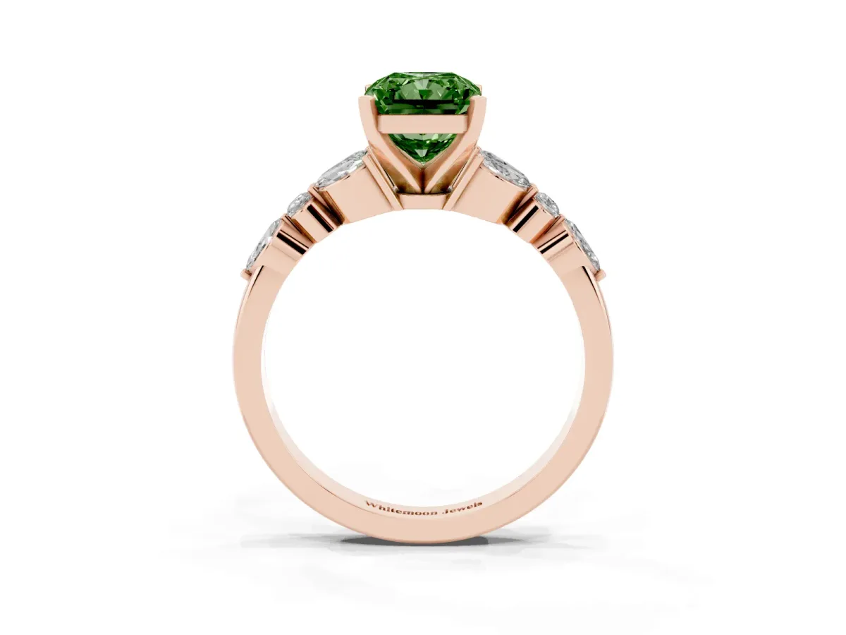 Fancy Green Radiant Cut Diamond Solitaire Ring with Side Stones and Four-Prong Setting Rose gold