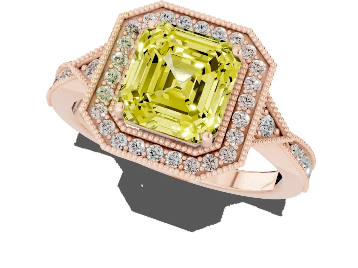 Fancy Yellow Asscher Cut Halo Round Diamond Milgrain Pave Engagement Ring Rose gold