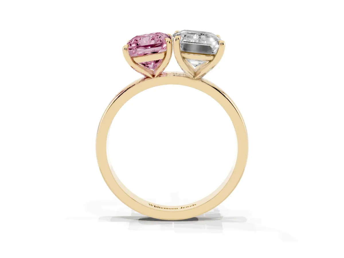 Fancy Pink Radiant Cut and Emerald Cut Toi Moi Ring with Prong Setting Yellow gold