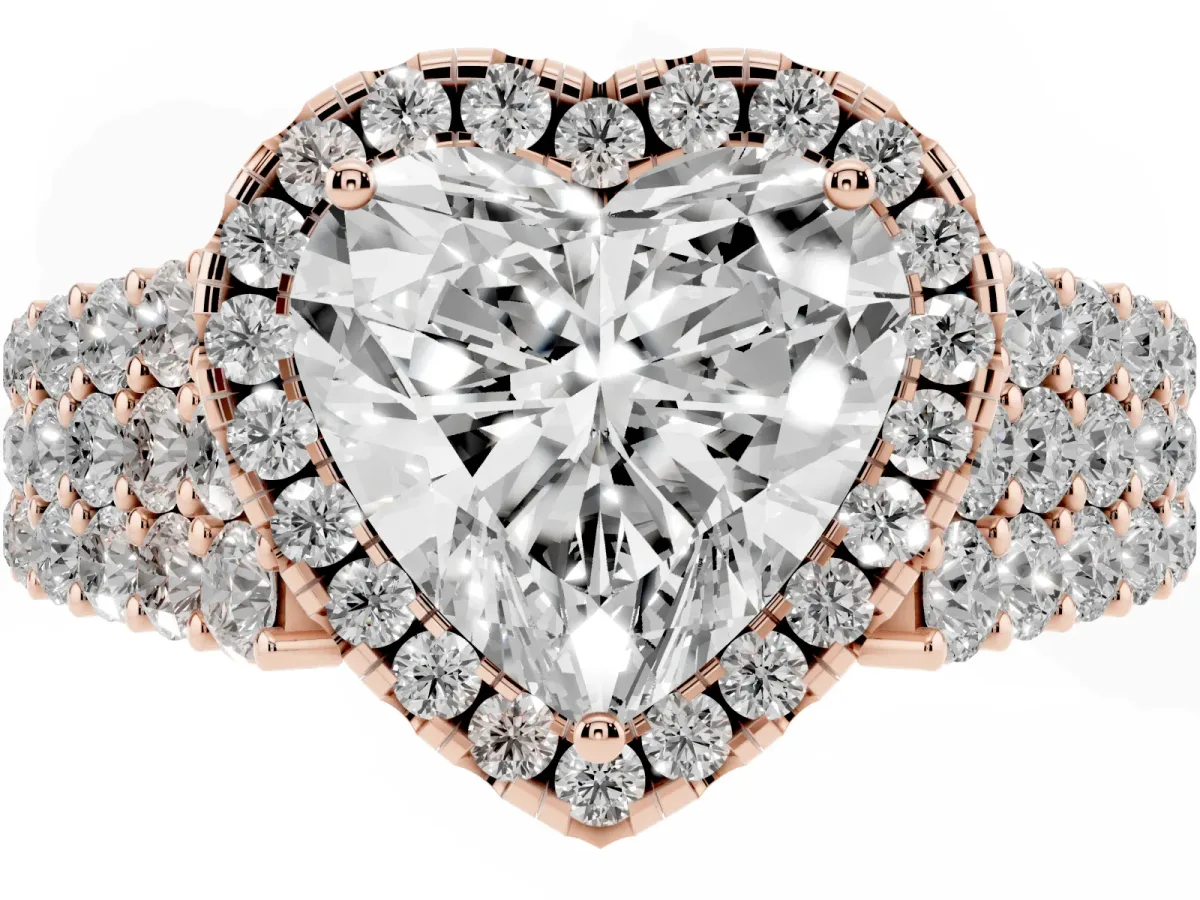 Heart Cut Diamond Halo Engagement Ring with Triple Row Round Pavé Band and Prong Setting Rose gold
