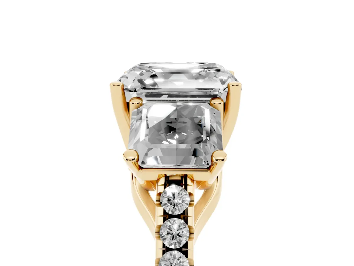 Three-Stone Asscher Cut Diamond Ring with Round Pavé Band and Prong Setting Yellow gold