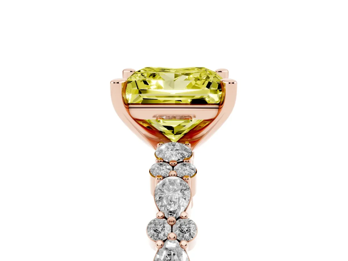 Fancy Yellow Princess Cut Diamond Side Stone Solitaire Ring with Round and Four-Prong Setting Rose gold