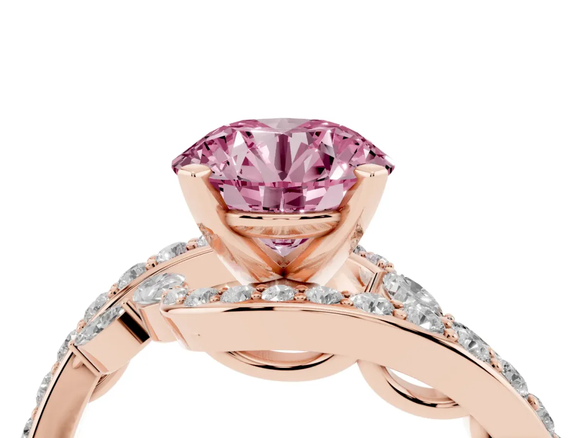 Fancy Pink Round Cut Solitaire with Pavé Twist Band and Four-Prong Setting Rose gold