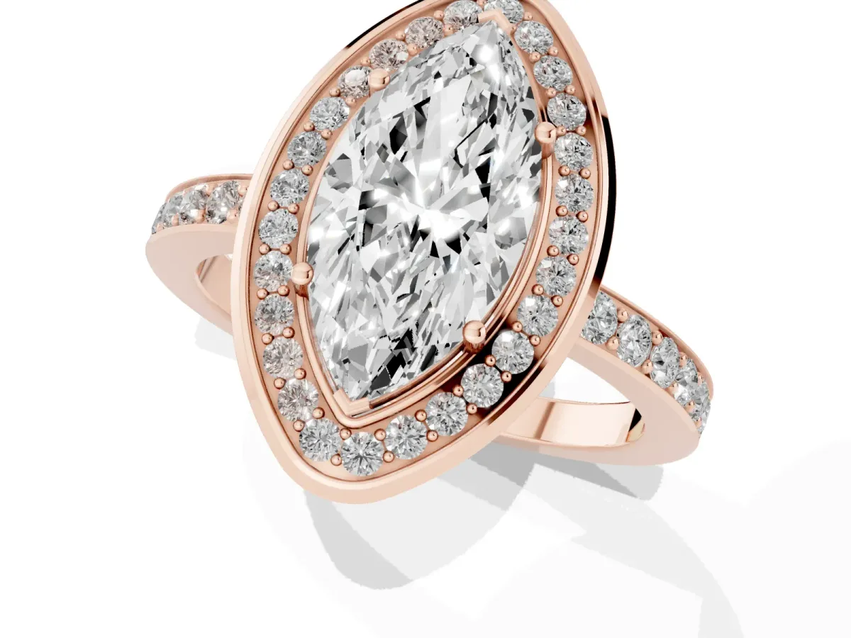 Marquise Cut Diamond Halo Ring with Bezel Frame and Pavé Band Rose gold
