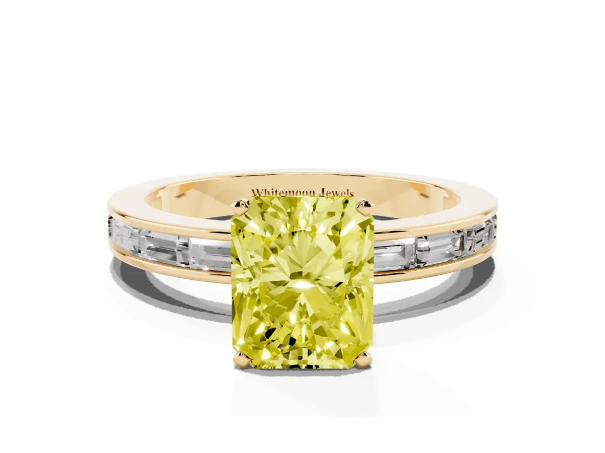 Fancy Yellow Radiant Cut Solitaire Diamond Ring with Channel-Set Baguette Band and Four-Prong Setting Yellow gold