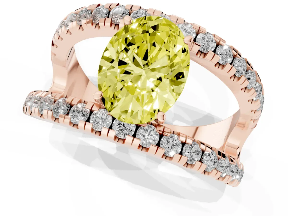 Fancy Yellow Oval Cut Solitaire Split Shank Pave Diamond Ring Rose gold