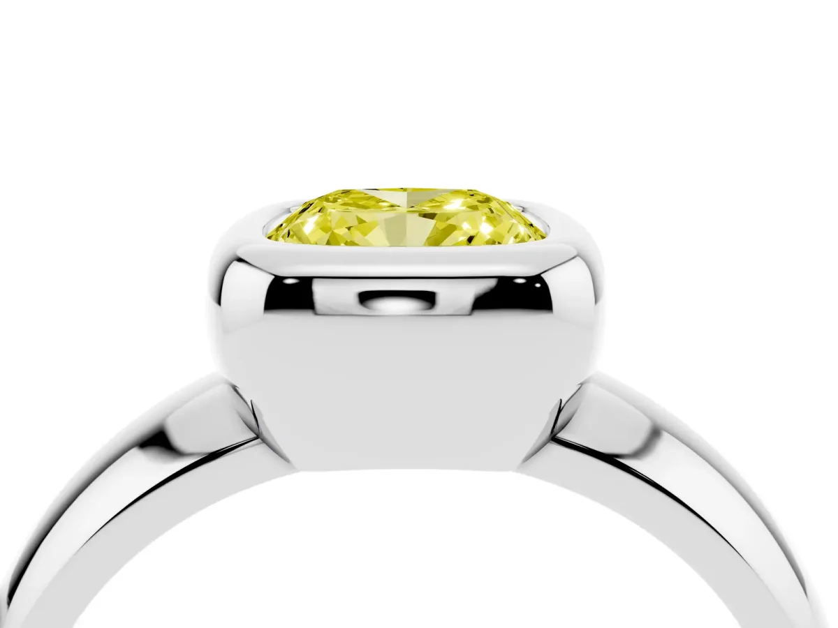 Fancy Yellow Bezel Set Cushion Cut Solitaire Ring with Wide Band Platinum