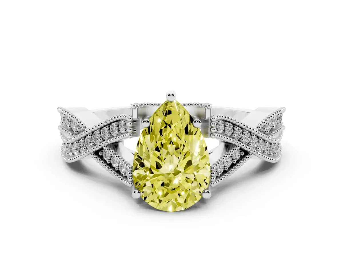 Fancy Yellow Pear Cut Cut Diamond Twisted Band with Milgrain Pave Setting and Four-Prong Setting Silver