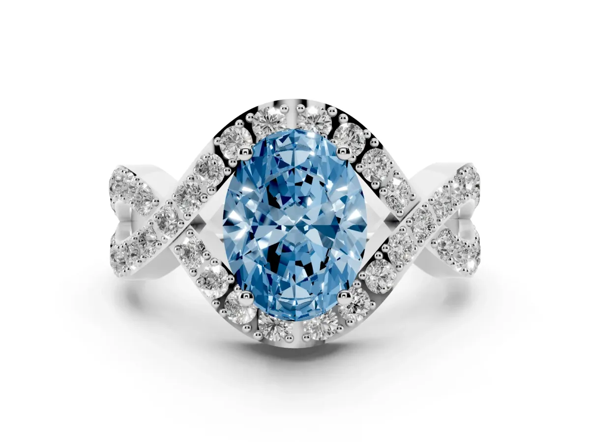 Fancy Blue Oval Cut Solitaire Twist Band Pavé Diamond Engagement Ring Silver