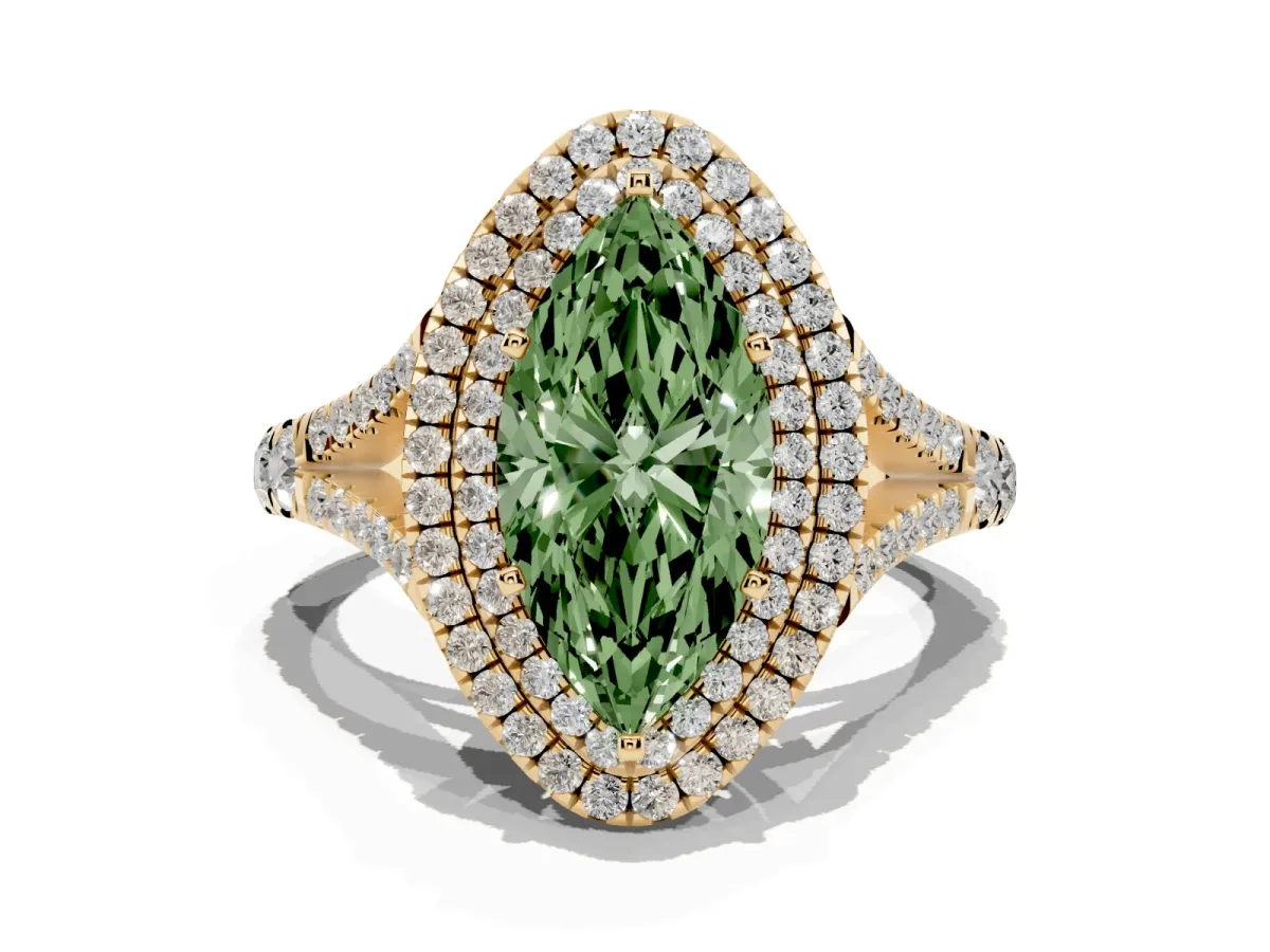 Fancy Green Marquise Cut Diamond Pavé Split Shank Double Halo Engagement Ring Yellow gold