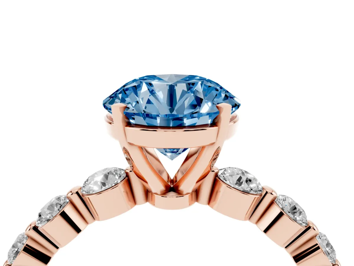 Fancy Blue Round Cut Solitaire Diamond Ring with Pave Band and Four-Prong Setting Rose gold