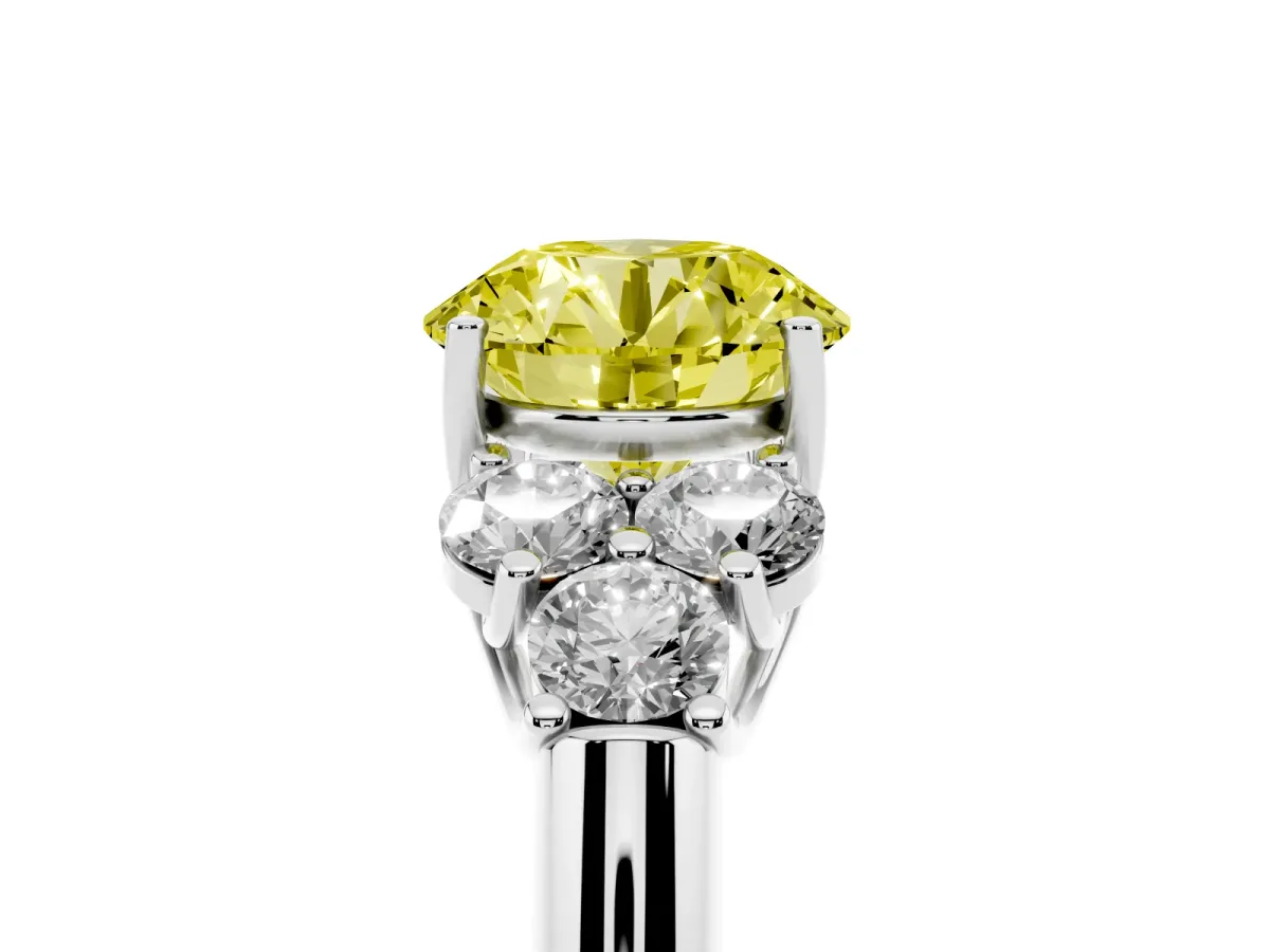 Fancy Yellow Round Cut Cut Diamond Cluster Ring with Round Accent Stones and Prong Setting on a Classic Band Platinum