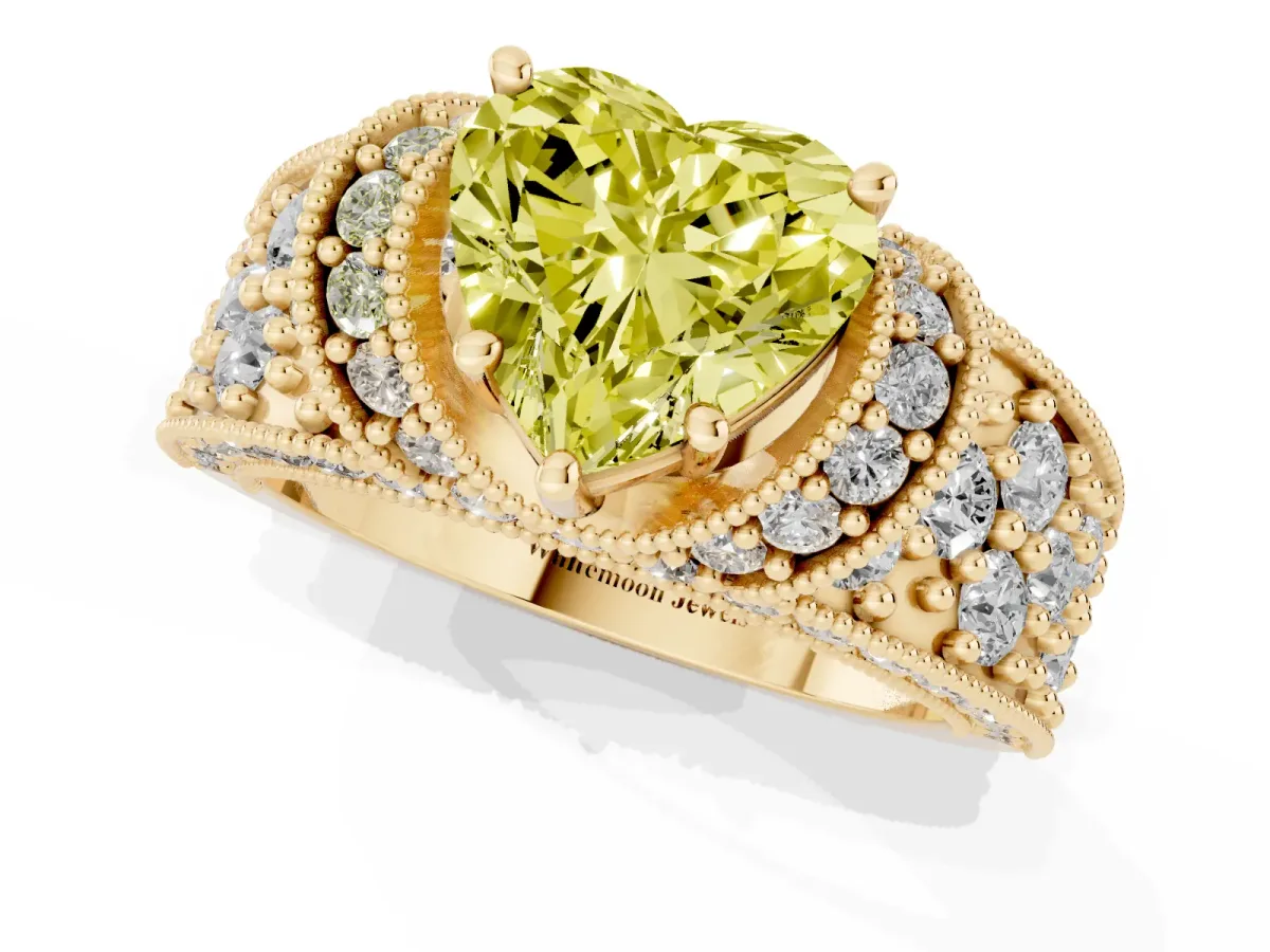 Fancy Yellow Heart Cut Halo Pave Diamond Engagement Ring with Milgrain Detailing Yellow gold