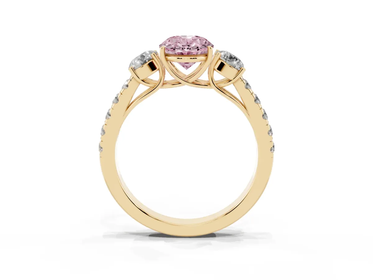 Fancy Pink Oval Cut Cut Diamond Three-Stone Ring with Round Side Stones and Pavé Band Yellow gold