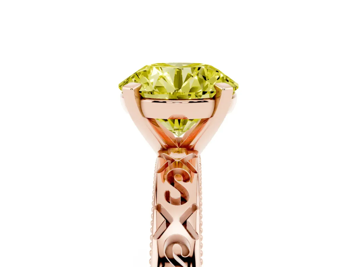 Fancy Yellow Round Cut Solitaire Engagement Ring with Scrollwork Band and Four-Prong Setting Rose gold