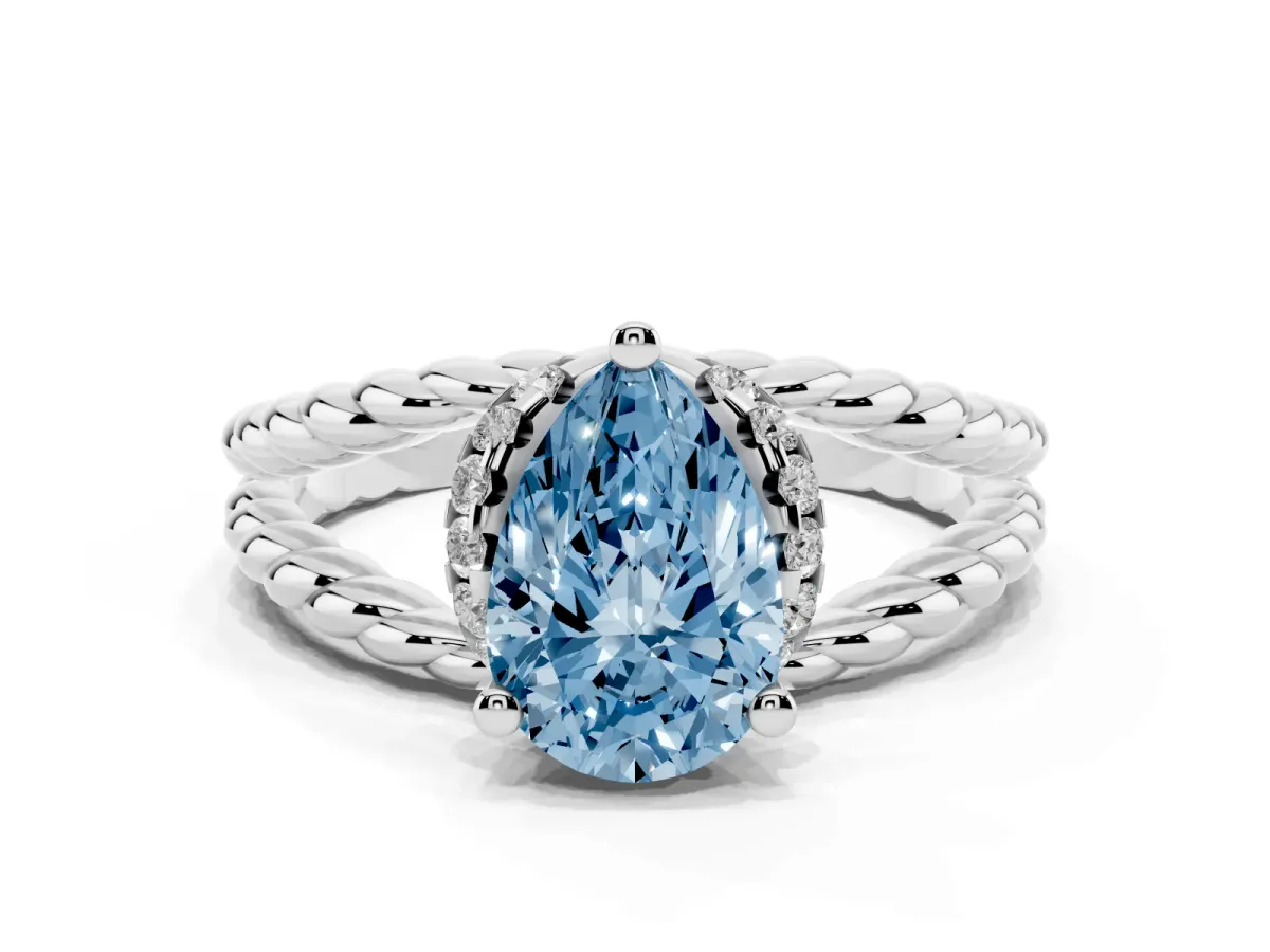 Fancy Blue Pear Cut Halo Twisted Band Four-Prong Ring Silver