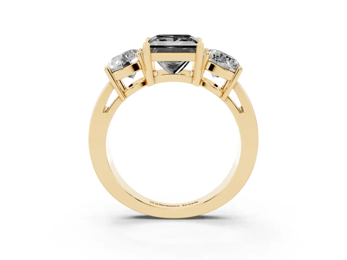 Fancy Black Three-Stone Princess Cut Diamond Ring with Round Side Stones, Classic Band, and Four-Prong Setting Yellow gold