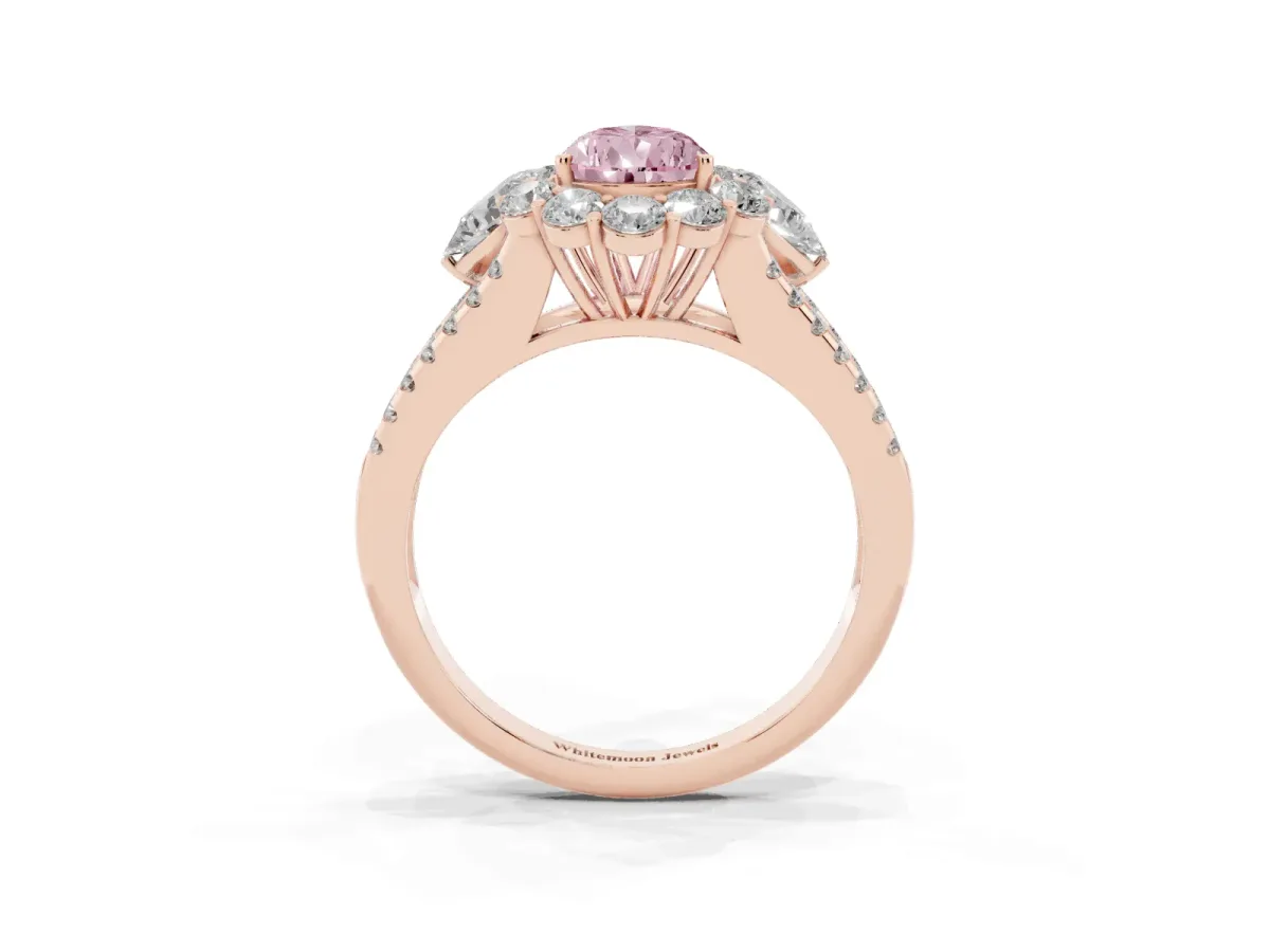 Fancy Pink Pear Cut Halo Split Shank Diamond Engagement Ring with Prong Setting Rose gold