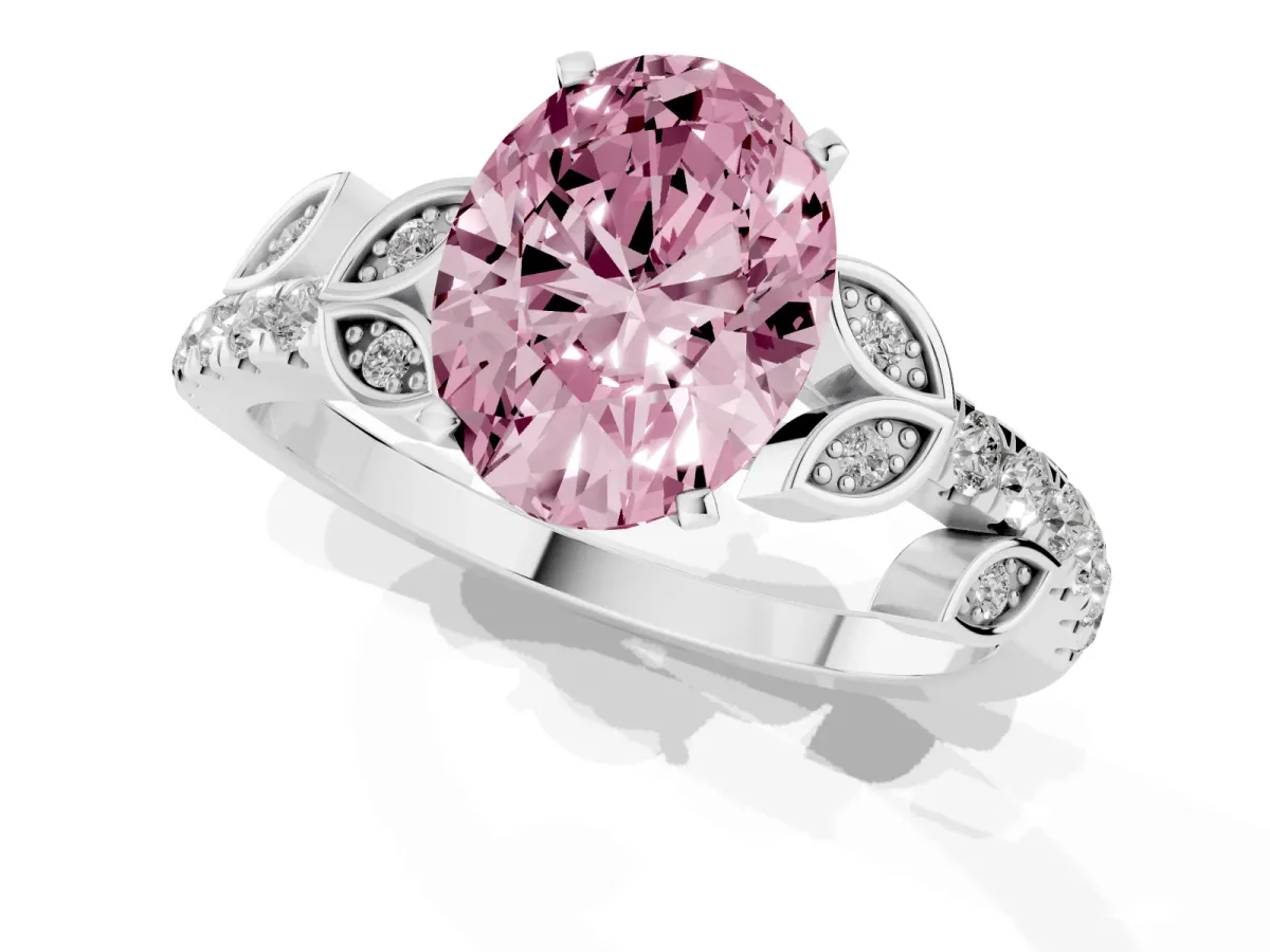 Fancy Pink Oval Cut Solitaire Leaf-Inspired Diamond Ring with Pavé Band and Four-Prong Setting Silver