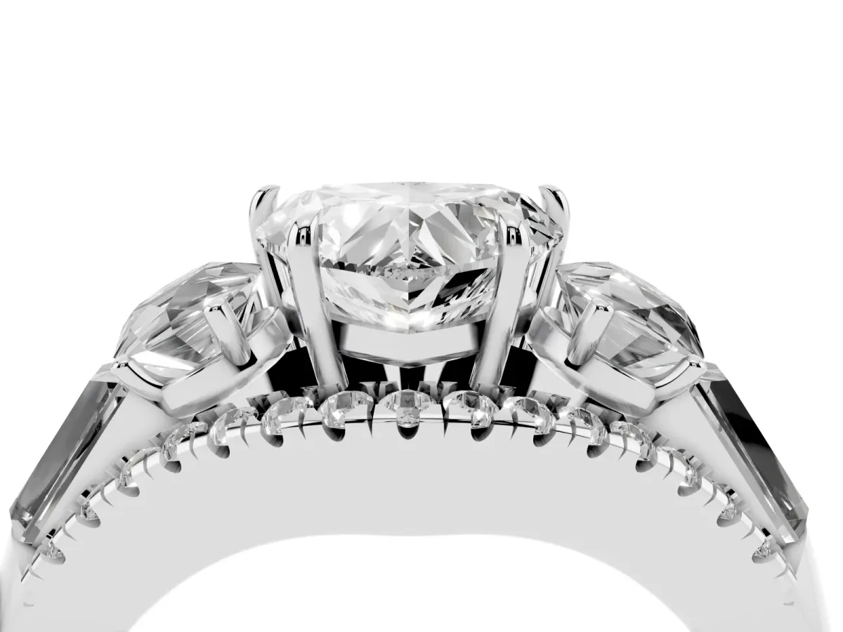 Three-Stone Heart Cut Diamond Engagement Ring with Pave Band and Prong Setting Silver