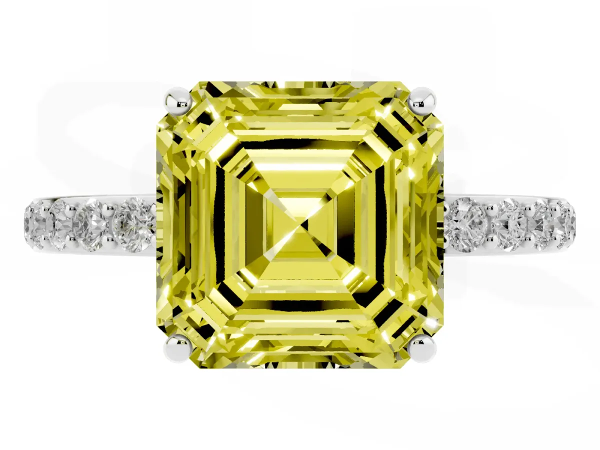 Fancy Yellow Asscher Cut Diamond Solitaire Ring with Round Pavé Shoulders and Prong Setting Silver