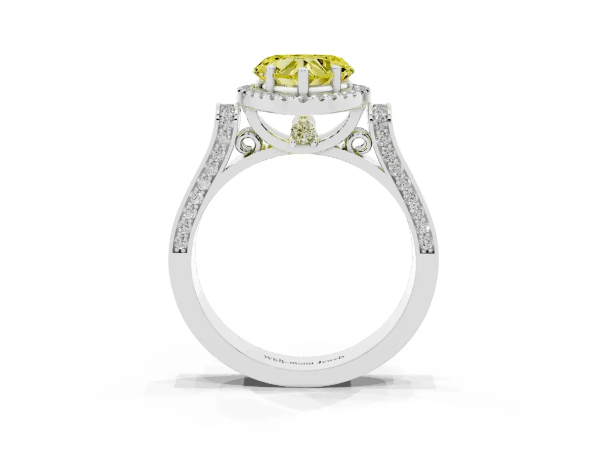Fancy Yellow Heart Cut Halo Pave Split Shank Prong Setting Ring Platinum