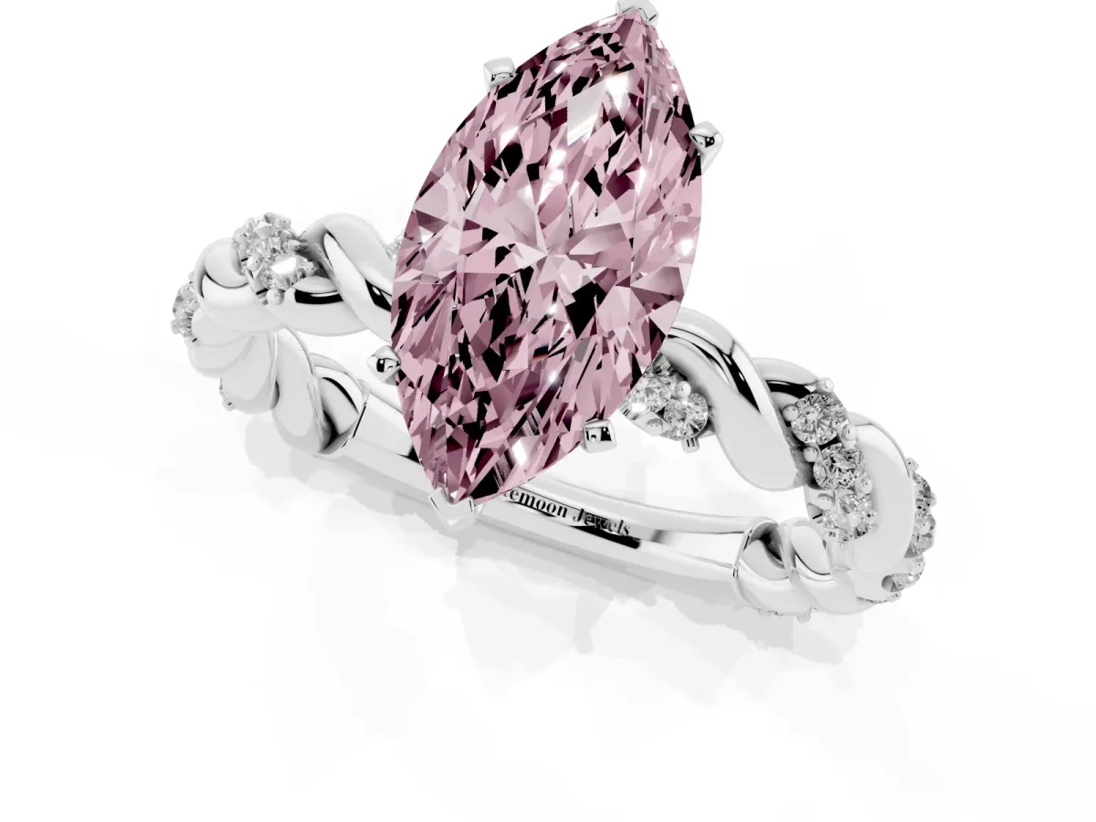 Fancy Pink Marquise Cut Diamond Solitaire Ring with Twisted Band and Pavé Accents Silver