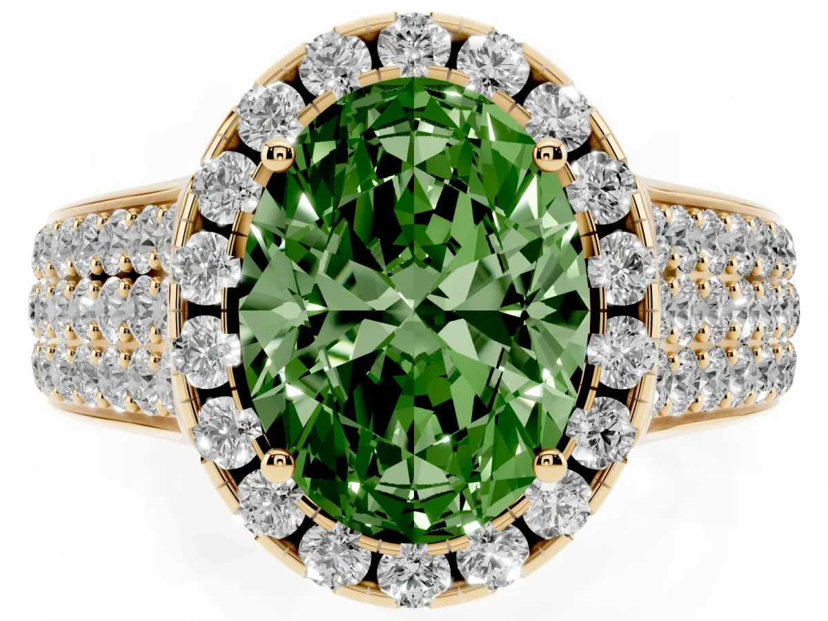 Fancy Green Oval Cut Halo Round Diamond Pave Band with Prong Setting Yellow gold
