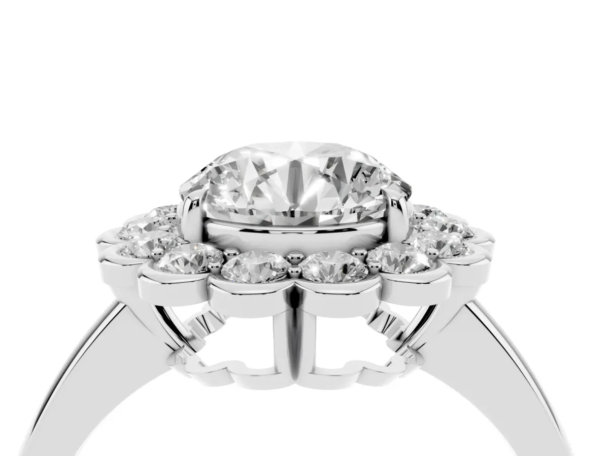 Round Cut Halo Cluster Diamond Engagement Ring with Solitaire Band and Prong Setting Silver