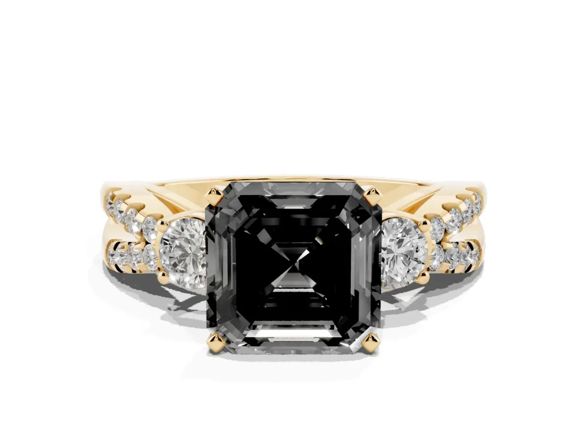 Fancy Black Asscher Cut Diamond Three-Stone Ring with Pavé Split Shank and Four-Prong Setting Yellow gold